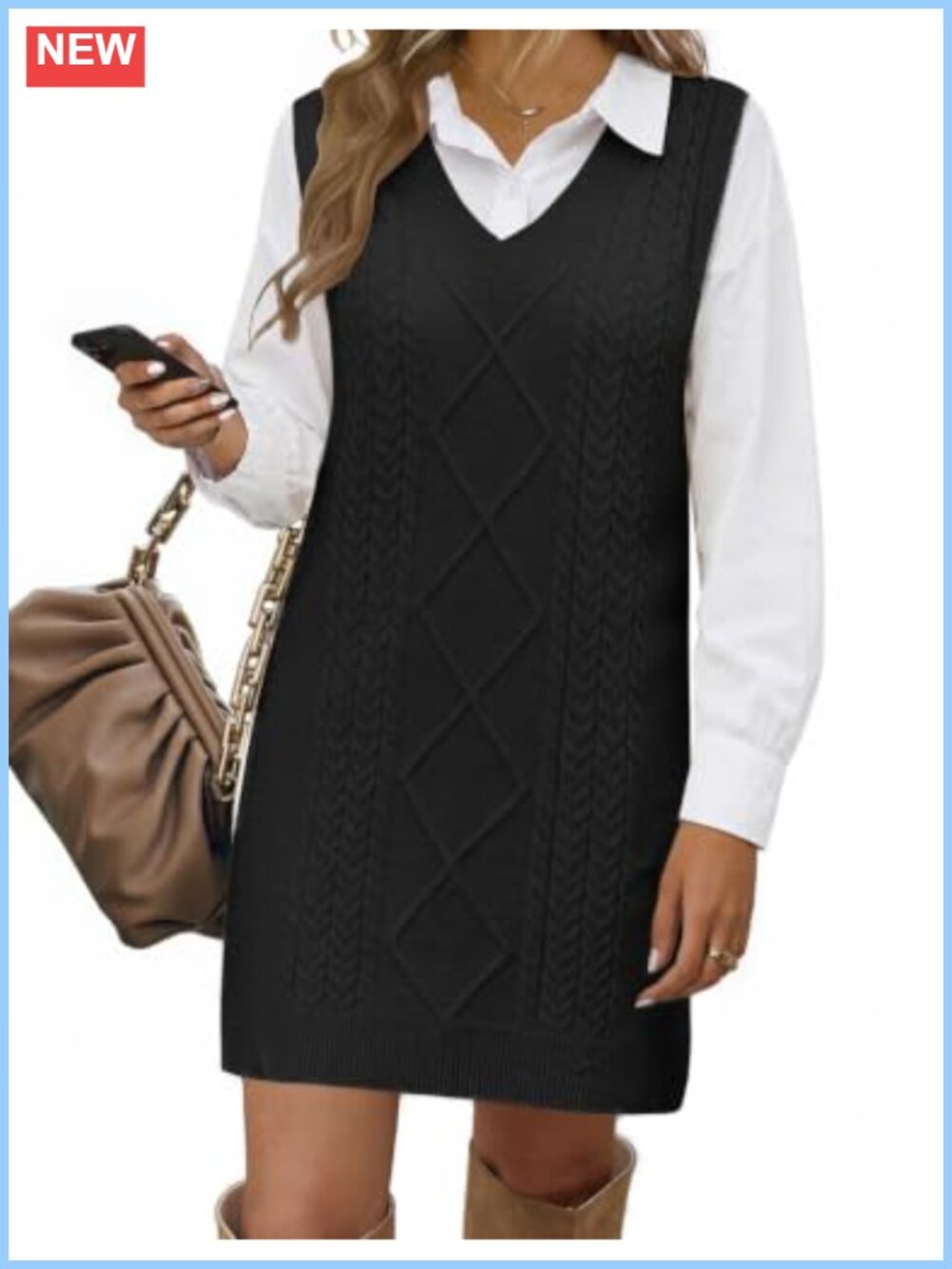 Cable Knit Sweater Vest Dress V Neck Sleeveless Pullover Mini